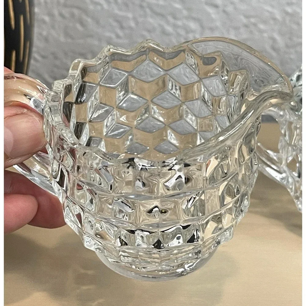 Vintage Fostoria American Cubist Pattern Clear Glass Creamer &‎ Sugar Set W/Lid